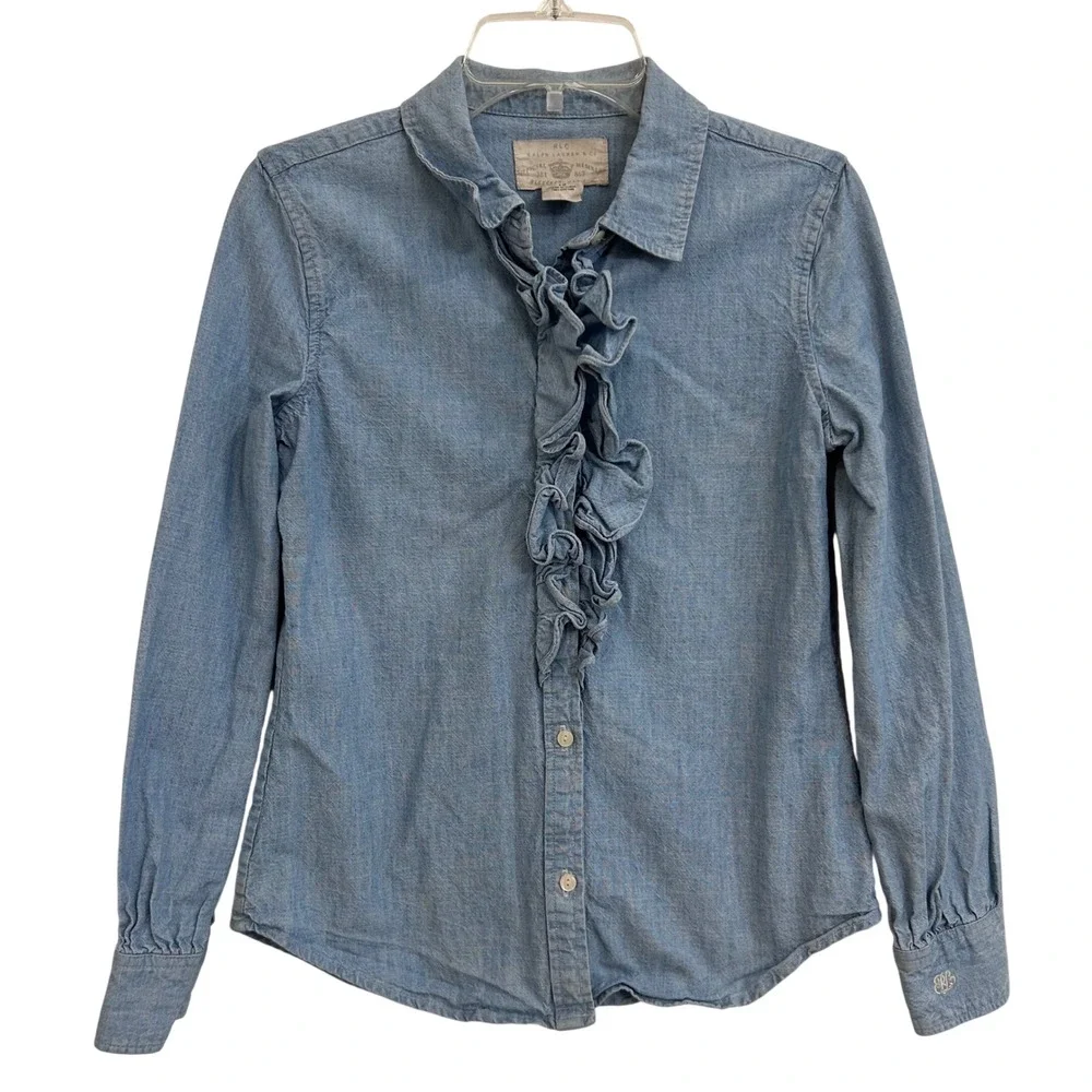 Ralph Lauren Children's Wear Chambray Ruffle Trim Denim Shirt Size 12‎ EUC